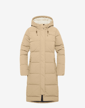 Beiger langer Wintermantel mit Kapuze und Reissverschluss vorne