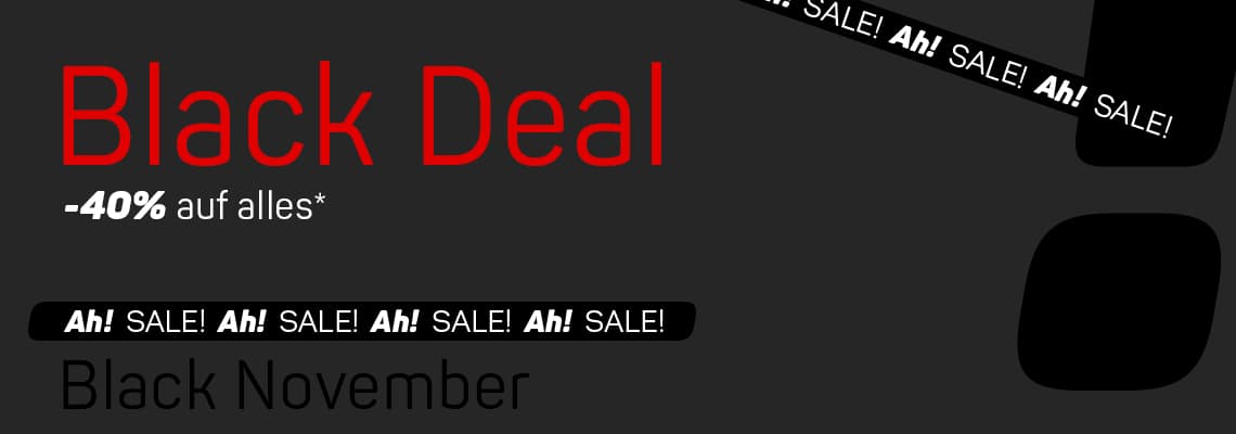 -40% auf alles – Black Deal und Black November, Ah! SALE! auf schwarzem und rotem Hintergrund