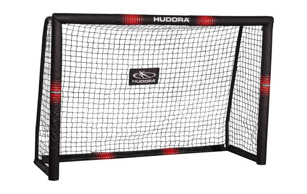 HUDORA Fußballtor – Schwarzes Tor mit Netz und roten Streifen, HUDORA-Logo auf dem oberen Rahmen und Netz