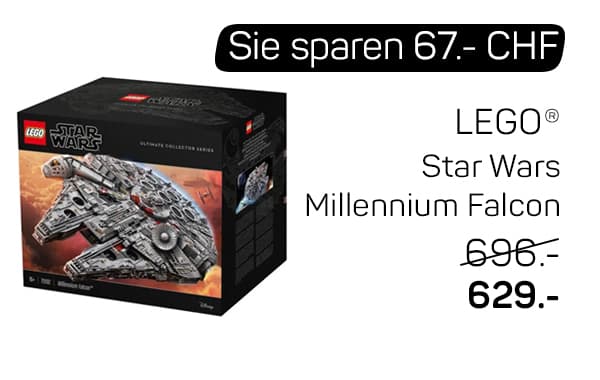 Sie sparen 67.- CHF – LEGO Star Wars Millennium Falcon, alter Preis 696.-, neuer Preis 629.-, Verpackung mit Modellabbildung