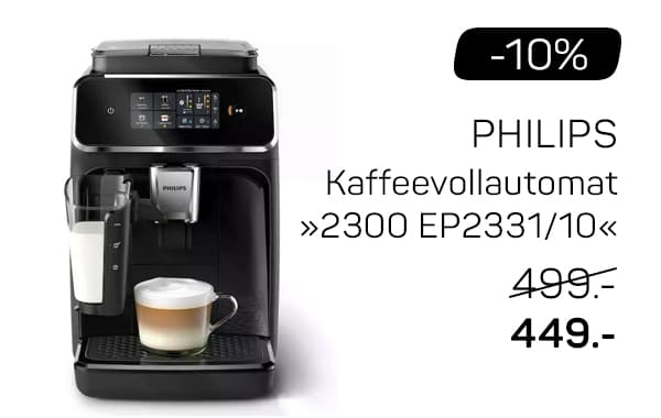 -10% Rabatt – PHILIPS Kaffeevollautomat »2300 EP2331/10« für 449.- statt 499.-. Schwarzer Kaffeevollautomat mit Milchaufschäumer und Tasse Cappuccino.