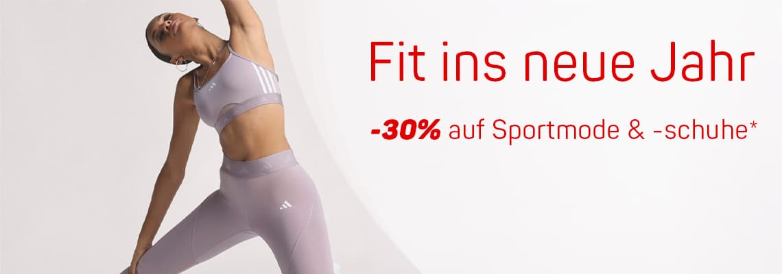 -30% auf Sportmode & -schuhe – Frau in Sportkleidung macht Dehnübung