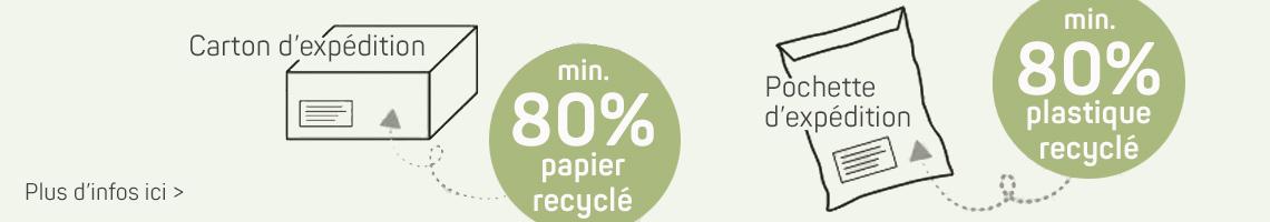 Pochette et carton d'expédition fabriqués à partir d'au moins 80 % de matériaux recyclés.