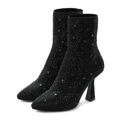 Schwarze knöchelhohe Stiefeletten mit spitzer Kappe, verziert mit kleinen funkelnden Applikationen und hohem Absatz