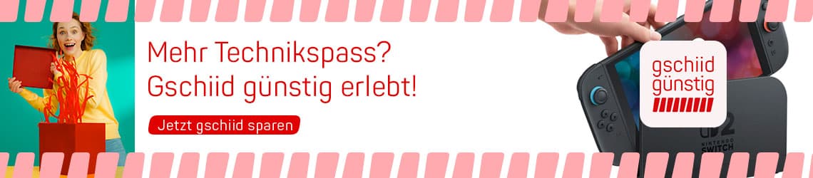 Mehr Technikspass? Gschiid günstig erlebt! – Person öffnet Geschenkbox, daneben Hand mit Spielekonsole und Button „Jetzt gschiid sparen“