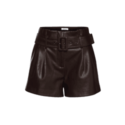 Dunkle High-Waist-Shorts mit breitem Gürtel und großer Schnalle, frontal vor weißem Hintergrund