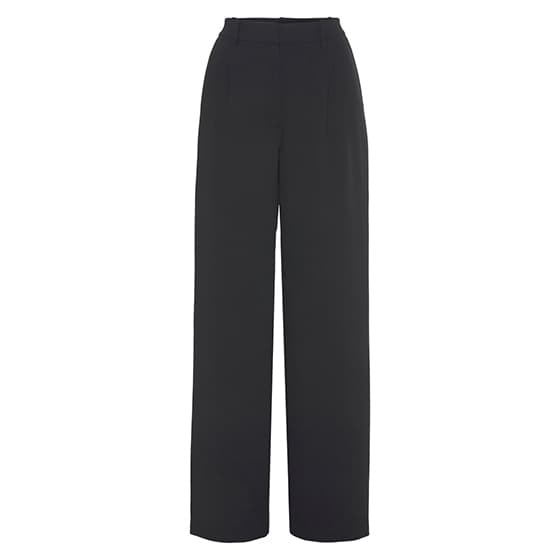 Schwarze, hoch taillierte Hose mit weitem Bein und seitlichen Taschen vor weissem Hintergrund