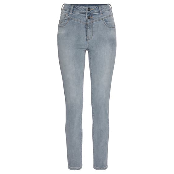 Hellblaue Jeans mit hoher Taille und schmalem Schnitt, zwei Knöpfe und Reißverschluss vorne, fünf Taschen