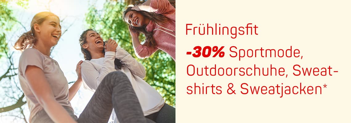 Frühlingsfit -30% Sportmode, Outdoorschuhe, Sweatshirts & Sweatjacken – vier Personen in Sportkleidung beim Training im Freien