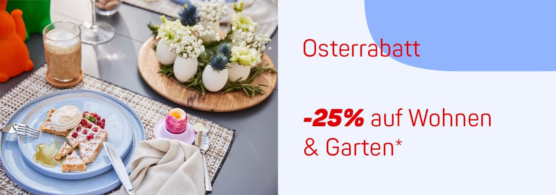 Osterrabatt – 25% auf Wohnen und Garten – gedeckter Ostertisch mit Kuchen, Kaffee und Deko-Eiern in Blumenhalterung