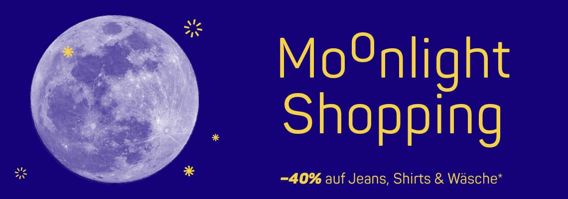Moonlight Shopping – 40 % auf Jeans, Shirts und Wäsche, großer Vollmond vor dunkelblauem Nachthimmel