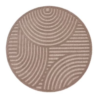 Runder Teppich in Beige mit kreisförmigen und halbkreisförmigen Linienmustern in vier Segmenten