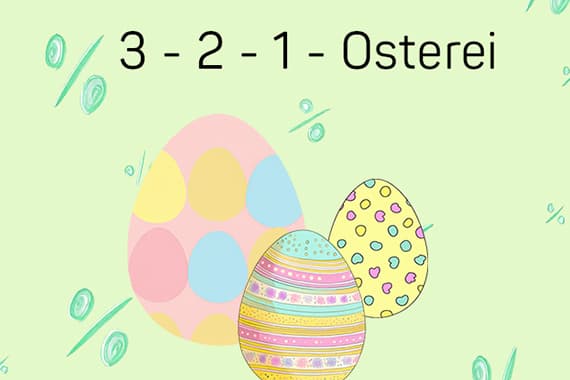 3-2-1 Osterei – drei bunt gemusterte Ostereier vor hellgrünem Hintergrund mit Prozentzeichen