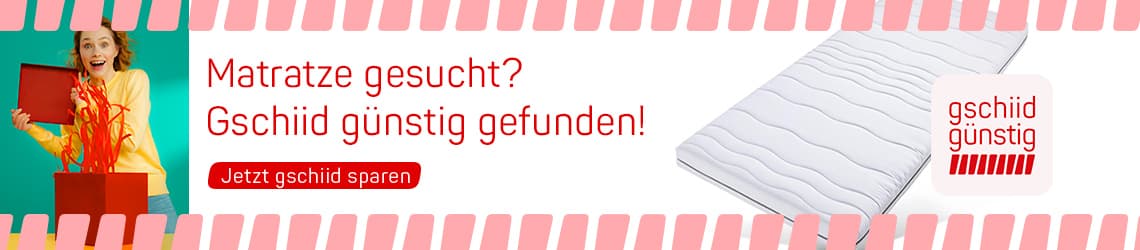 Matratze gesucht? Gschiid günstig gefunden! – weiße Matratze neben Person mit Geschenkbox und Button „Jetzt gschiid sparen“