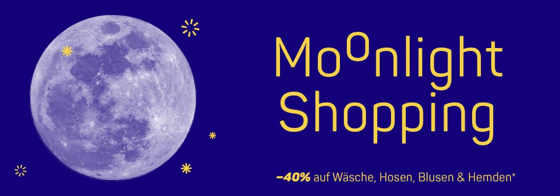 -40% auf Wäsche, Hosen, Blusen und Hemden – große Mondgrafik vor dunkelblauem Nachthimmel mit gelben Sternen