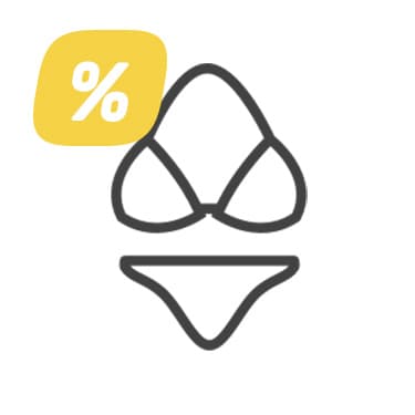 Prozentzeichen auf gelbem Feld neben stilisiertem Bikini als Symbol für Rabatt auf Bademode