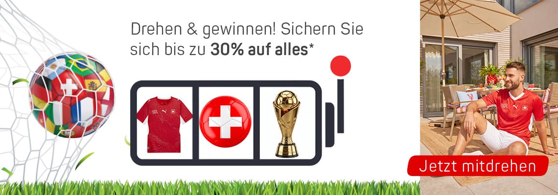 Drehen & gewinnen – bis zu 30% auf alles, Slot mit Trikot, Schweizer Kreuz und Pokal, daneben Button „Jetzt mitdrehen“