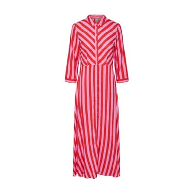 Langes Hemdkleid mit roten und weißen Streifen, Knopfleiste vorn und dreiviertel langen Ärmeln