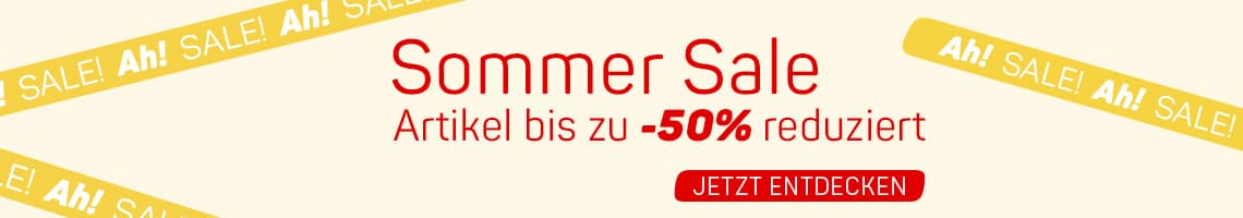 Sommer Sale – Artikel bis zu 50% reduziert, gelbe Sale-Bänder im Hintergrund, Button „Jetzt entdecken“