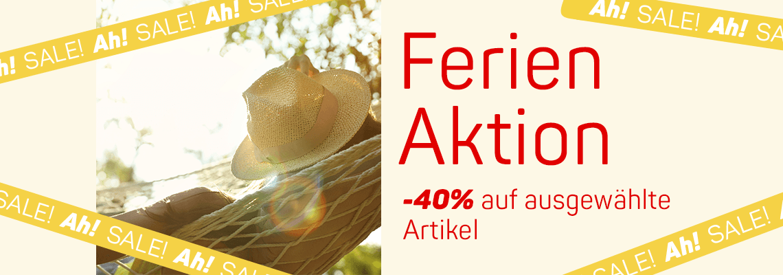 Ferien Aktion – 40 % auf ausgewählte Artikel – Person mit Sonnenhut entspannt in Hängematte im Sommerlicht