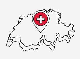 Umrisskarte der Schweiz mit roter Standortmarke und weißem Kreuz in der Mitte