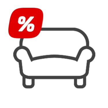 Prozentzeichen auf rotem Feld über Sofa-Symbol für Rabatt auf Sofas