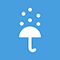 Icon mit weißem Regenschirm und fallenden Tropfen auf blauem Hintergrund